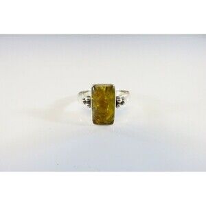 Honey Yellow Amber Rectangular Sugar Loaf Sterling Silver Ring Size 6.75